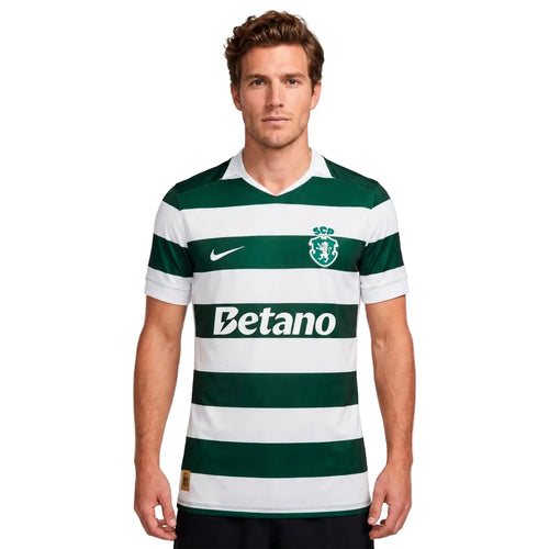 Camisola principal Sporting CP 2026/27 às riscas verdes e brancas — vista frontal